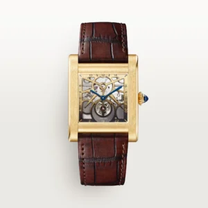 Cartier Tank Normale 2025 luxury watch showcasing timeless elegance with a square gold case and leather strap.