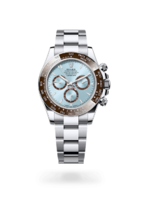 Rolex Daytona Platinum 2025 Edition luxury chronograph watch with an ice-blue dial and platinum case.